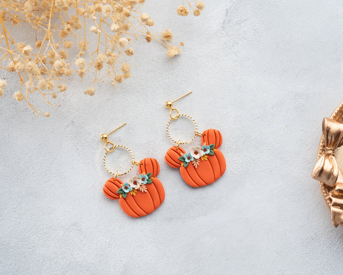 Floral Mickey Pumpkin earrings | Handmade Disney Halloween jewelry , whimsical Mouse Accessories