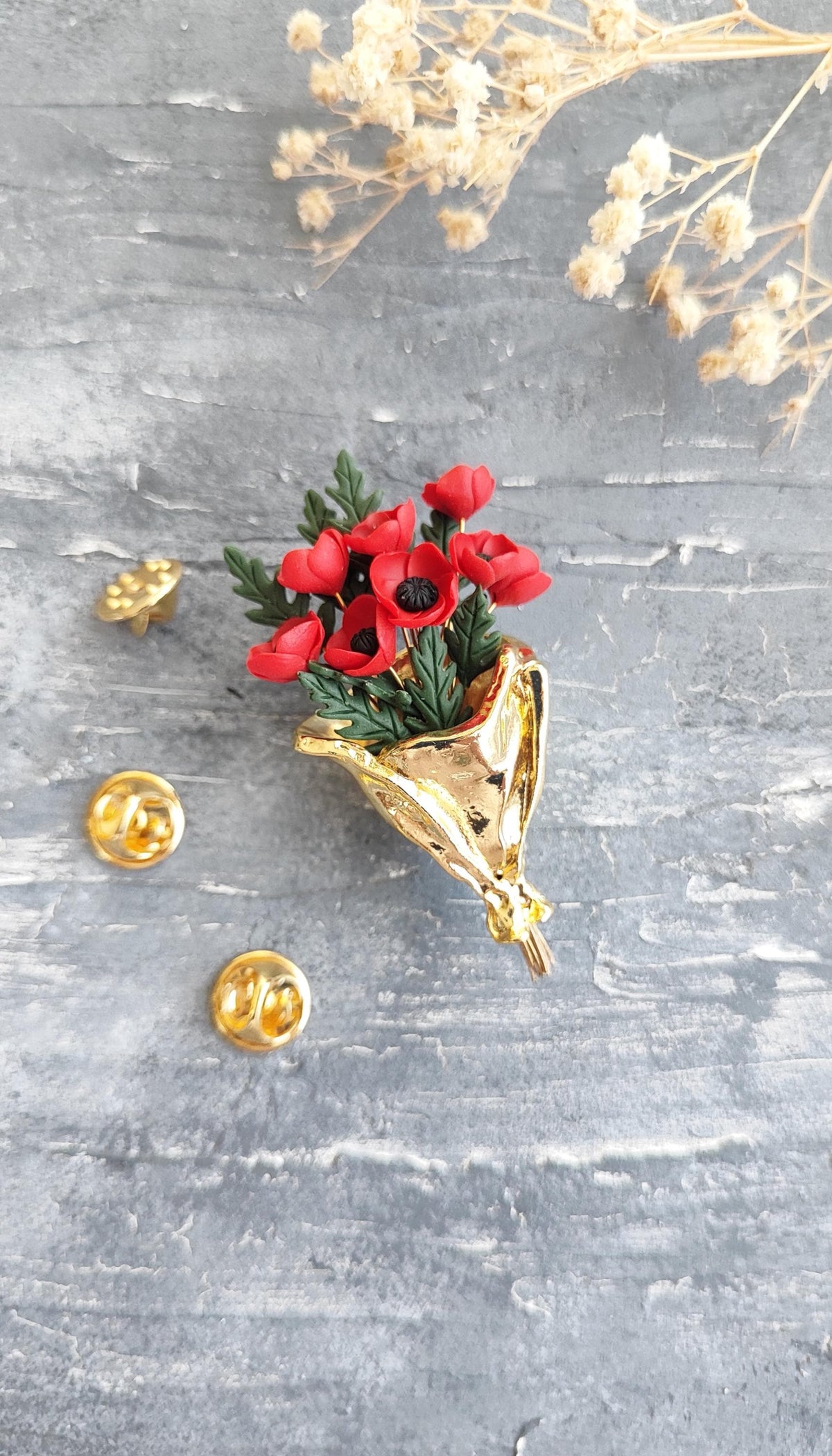 Poppy Bouquet Brooch , Handmade Polymer Clay Flower Pin , Red Poppies in Gold Bouquet Wrap