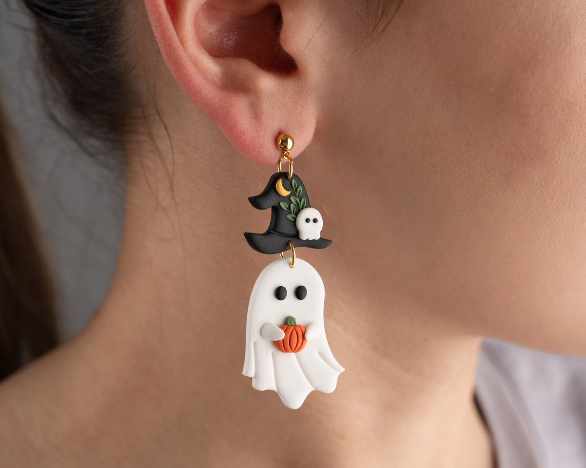 Ghost witch Earrings , Handmade Halloween earrings , Polymer clay spooky jewelry , whimsical Accessories