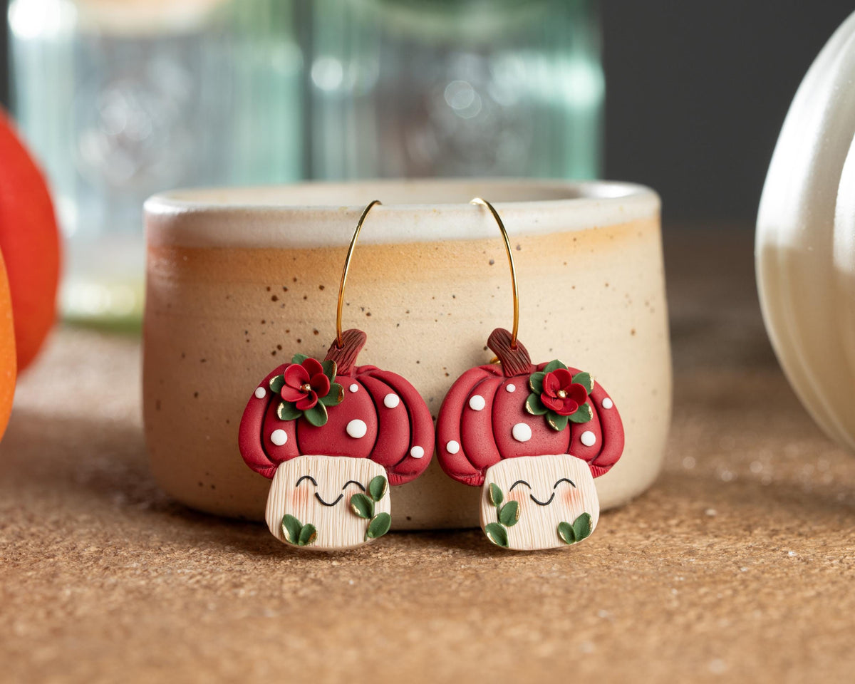 Kawaii Pumpkin Mushroom Earrings: Handmade Polymer Clay Halloween Jewelry