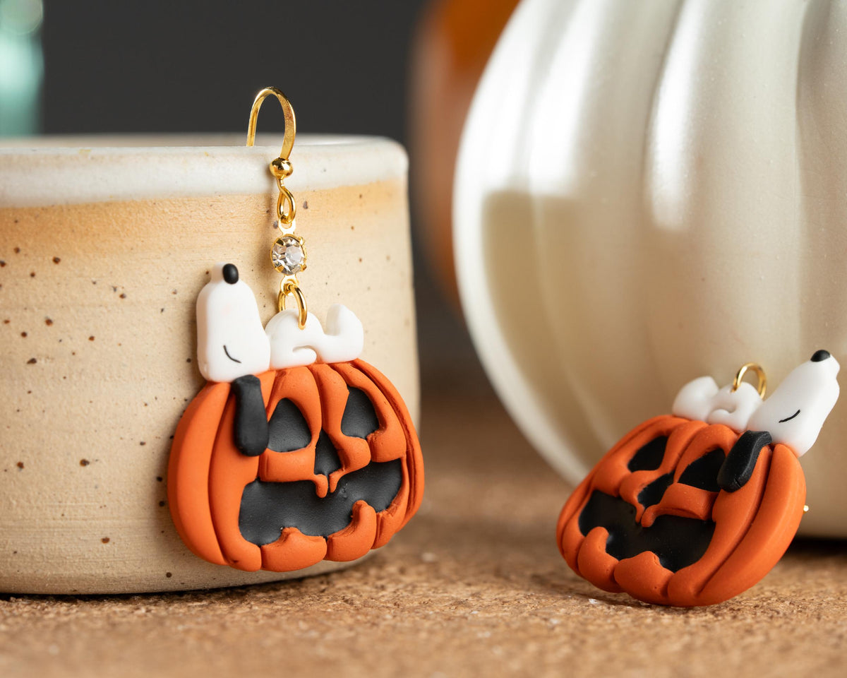Snoopy Pumpkin Earrings , Peanuts Snoopy Halloween Jewelry , Spooky Polymer clay Accessories