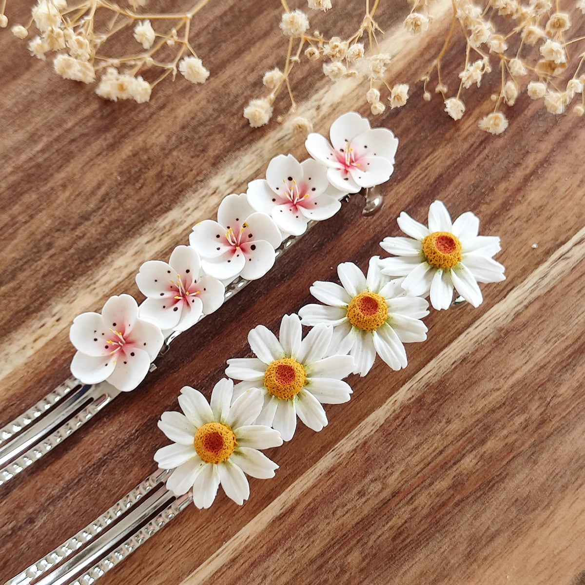 Daisy and Sakura Hair Clips,Botanical Hair Jewelry,Hair Accessories, Realistic White Flower Barrette