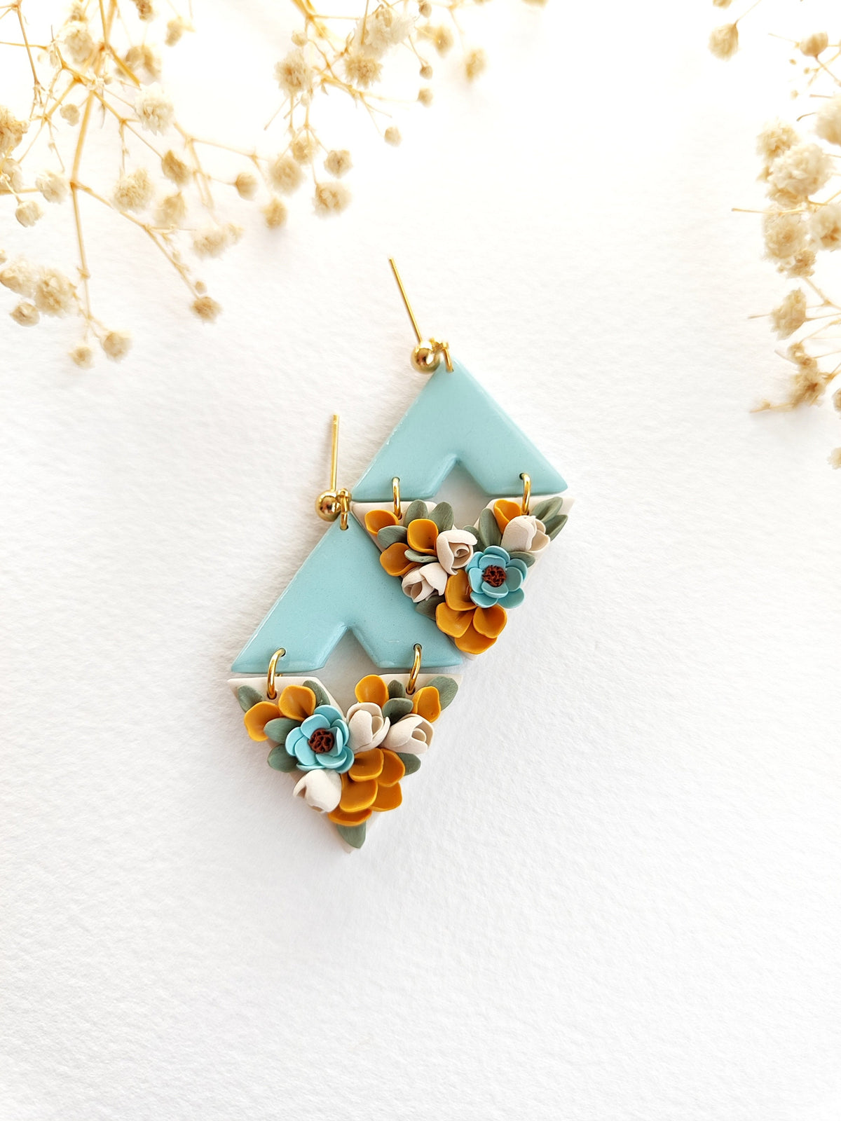 Floral polymer clay earrings,blue flower statement earrings,unique handmade jewerly gift