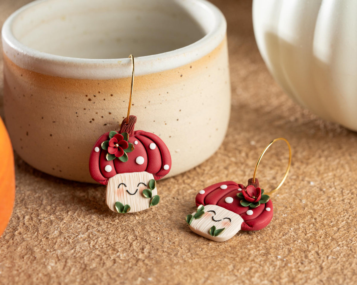 Kawaii Pumpkin Mushroom Earrings: Handmade Polymer Clay Halloween Jewelry