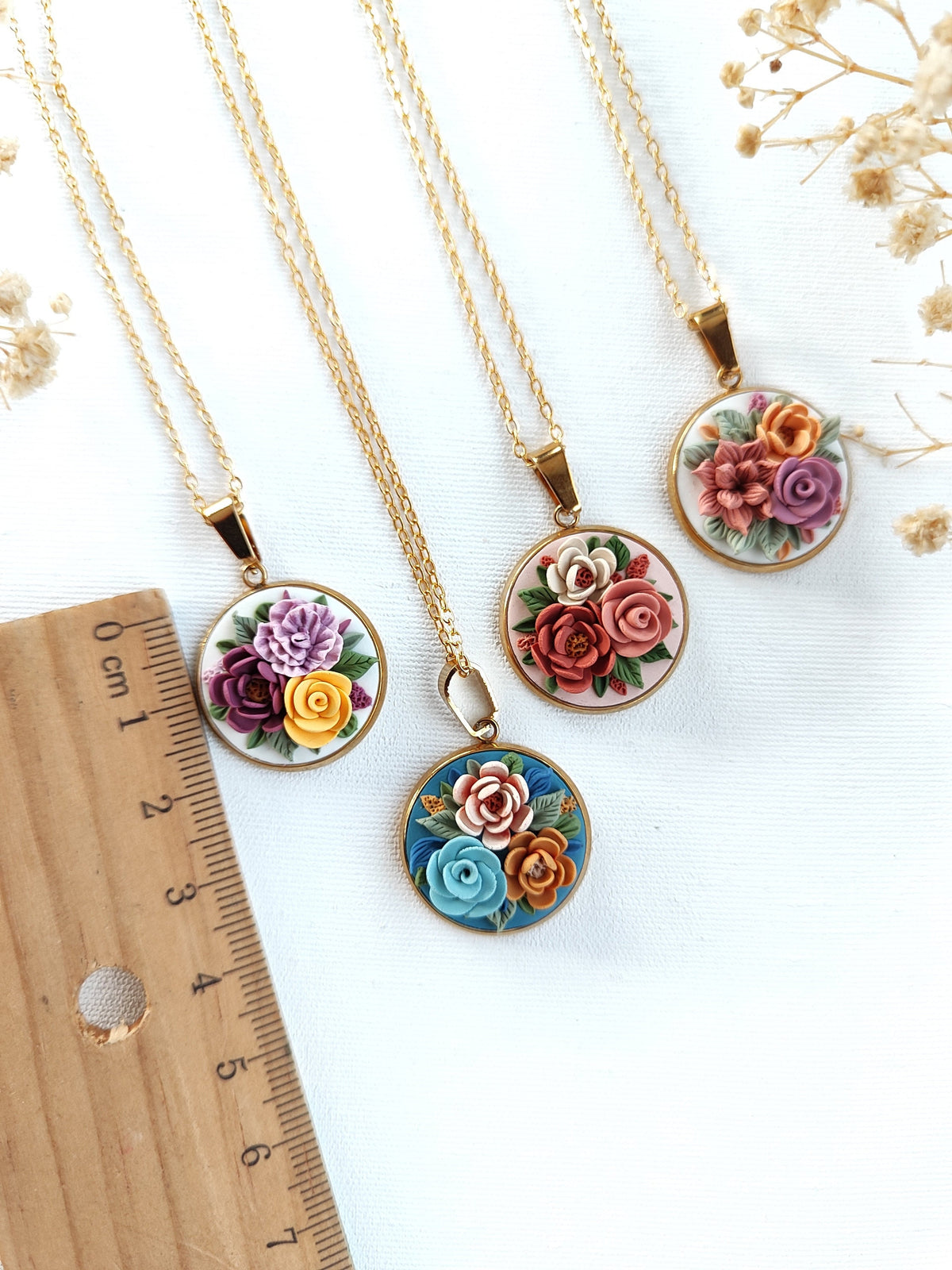 Floral bouquet necklace ,Mother's Day Gifts,Flower handmade jewelry,Gold plated necklace.Polymer clay Unique Necklace