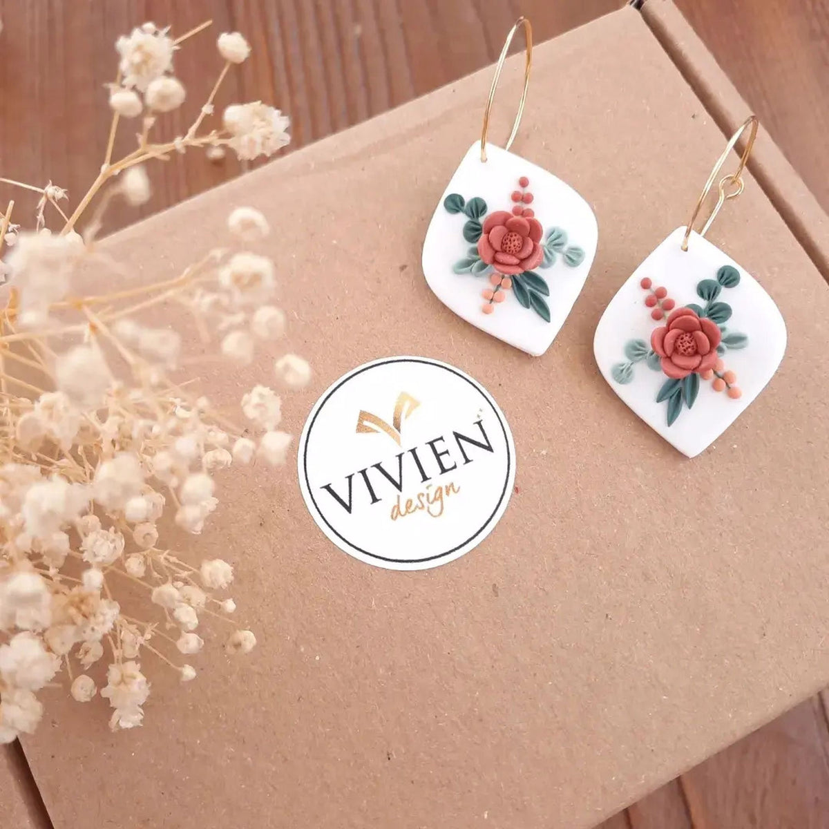 Handmade Polymer Clay Floral Earrings: 24k Gold Plated Hoops