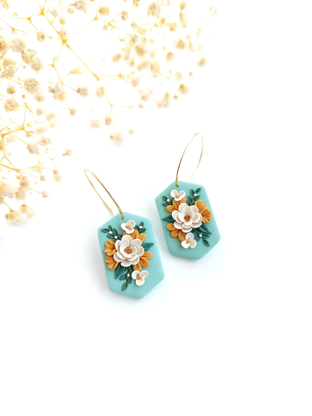 Handmade Floral Earrings , Mint Green 24K Gold Plated Hoops , Polymer Clay Jewelry
