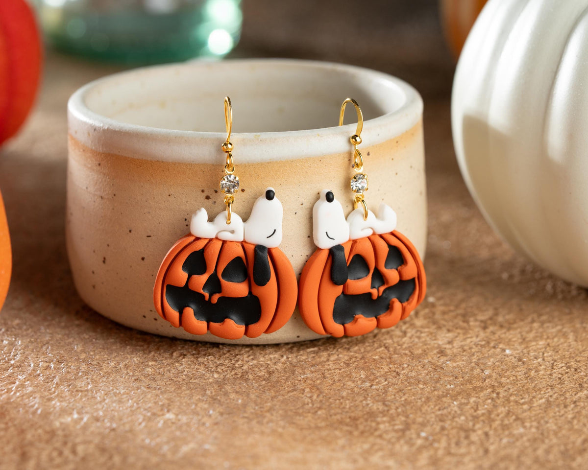 Snoopy Pumpkin Earrings , Peanuts Snoopy Halloween Jewelry , Spooky Polymer clay Accessories