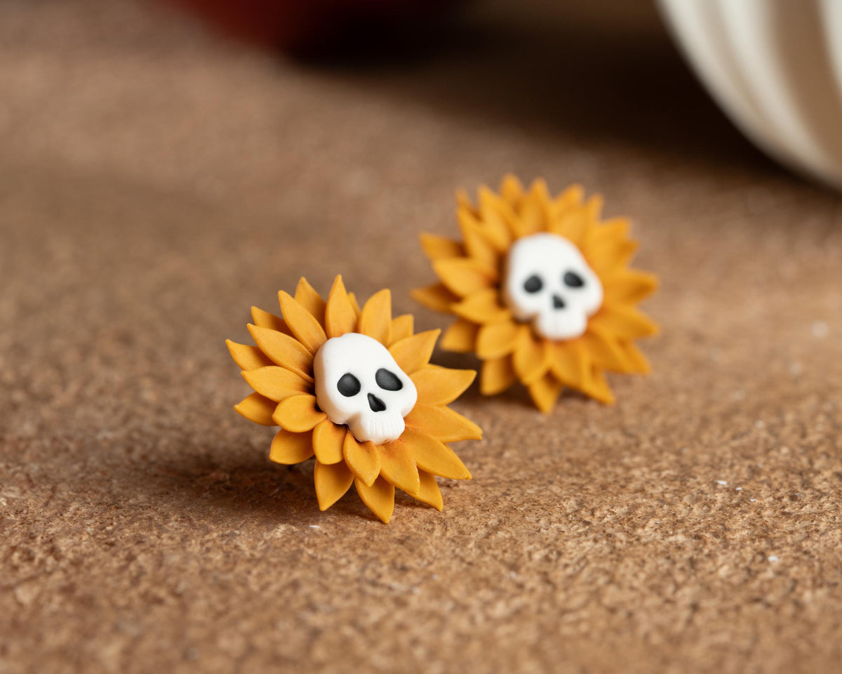 Sunflower Skull Earrings – Handmade Polymer Clay Halloween & Fall Jewelry