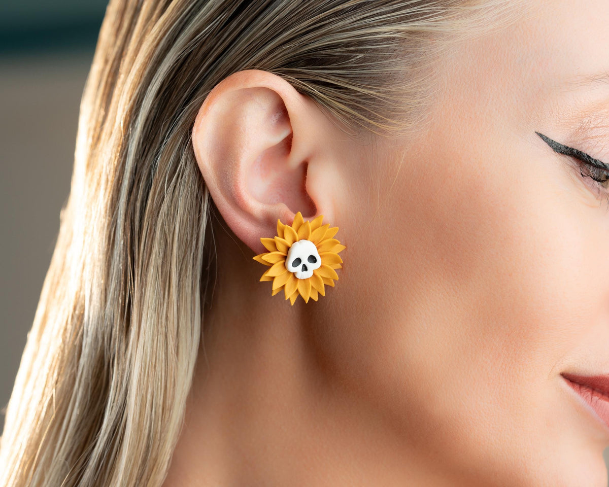 Sunflower Skull Earrings – Handmade Polymer Clay Halloween & Fall Jewelry