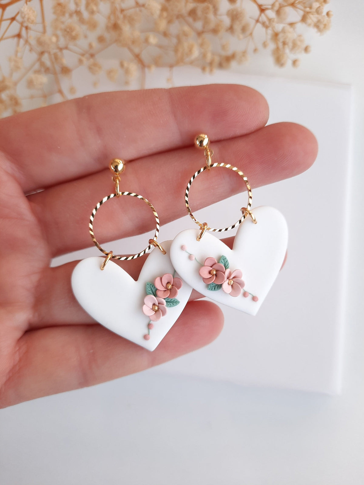 Floral Heart Dangle Earrings: Handmade Polymer Clay Jewelry