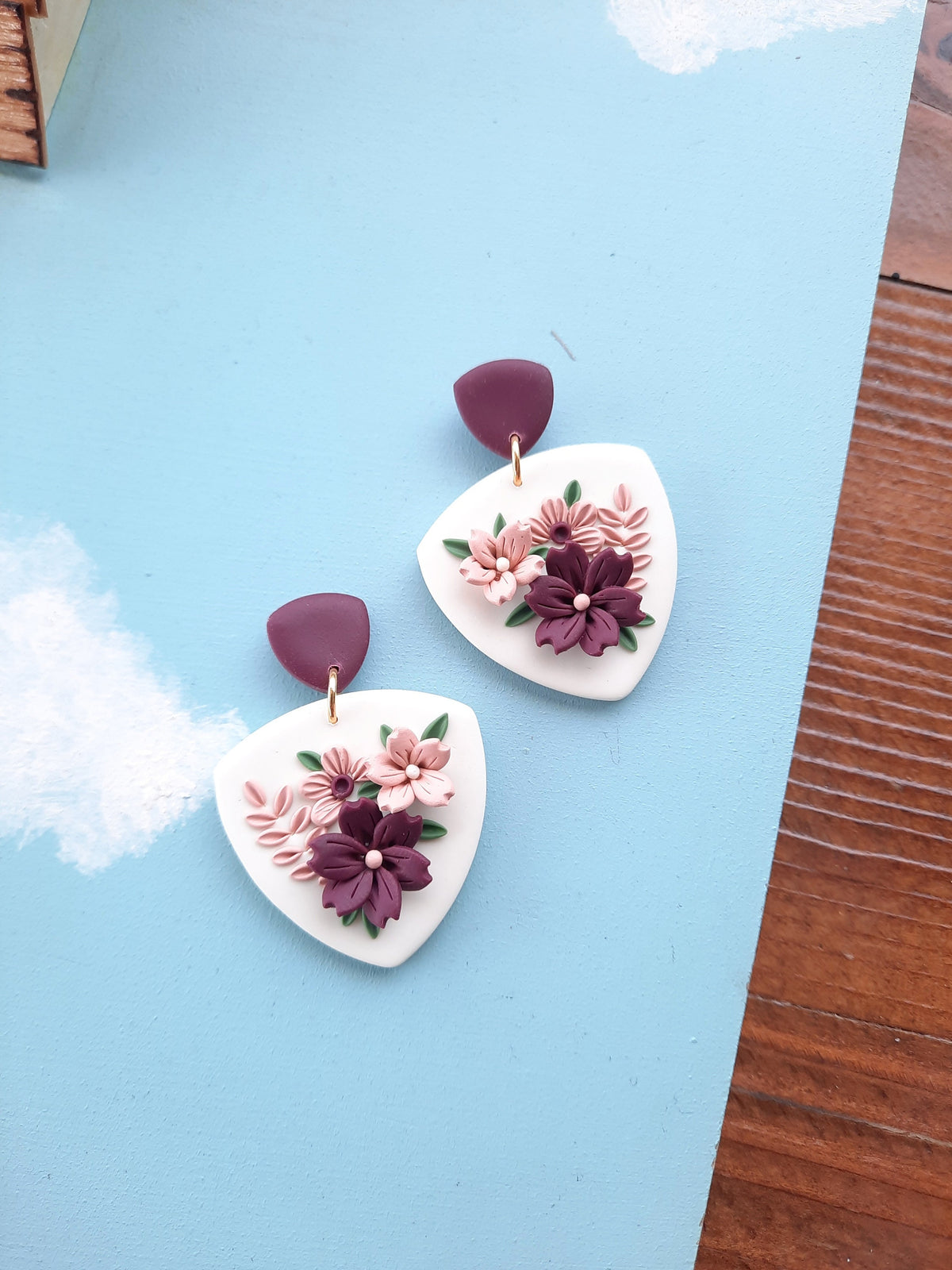 Dark Purple Flower Clay Earrings: Handmade Floral Jewelry