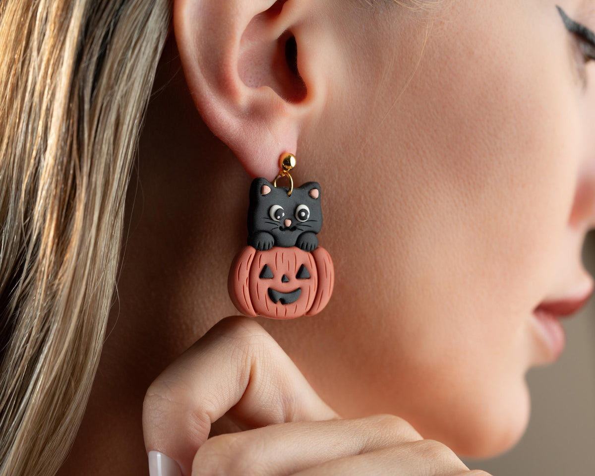 Black Cat in Pumpkin Earrings , Handmade Polymer Clay Halloween Jewelry , Cat lover gift