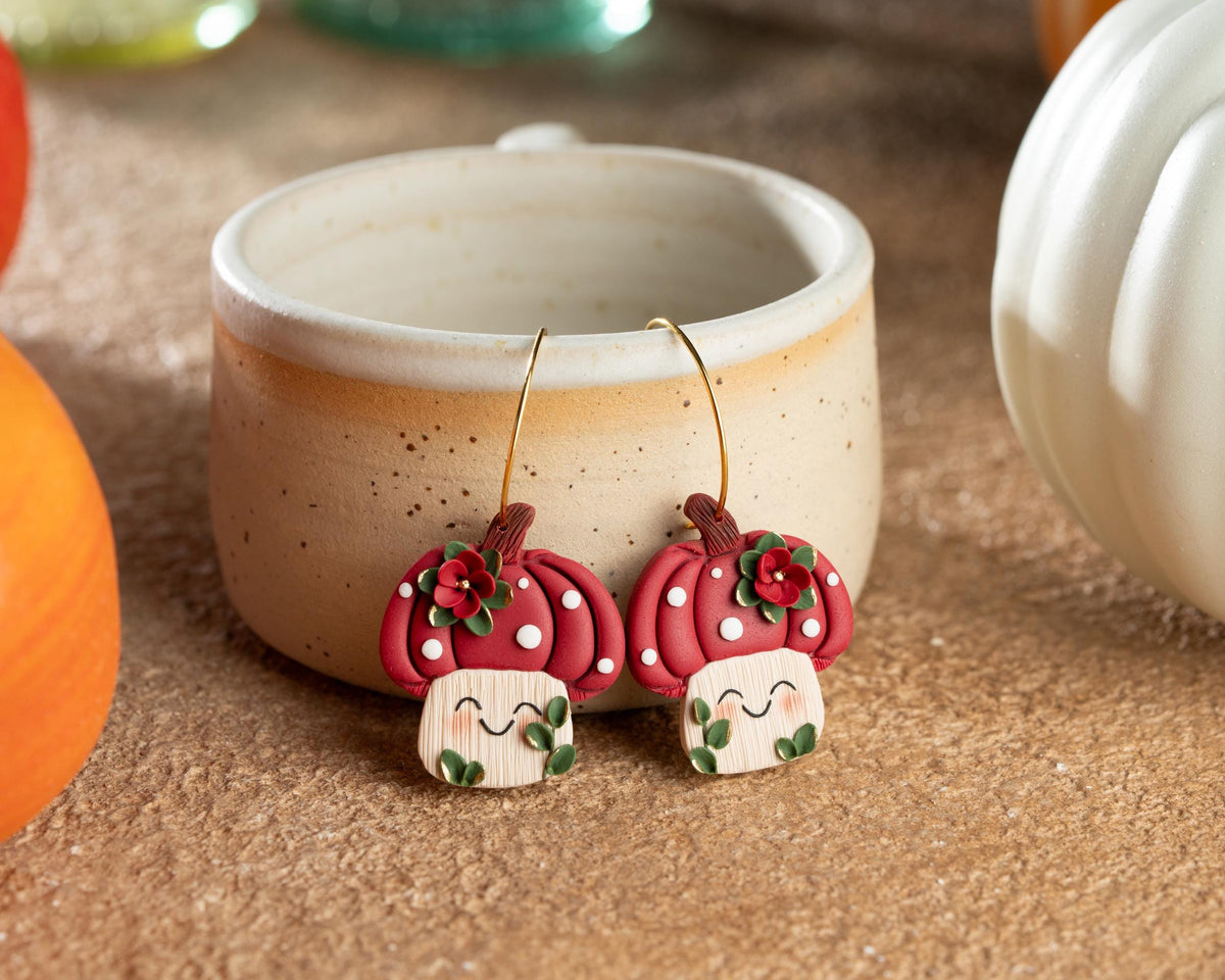 Kawaii Pumpkin Mushroom Earrings: Handmade Polymer Clay Halloween Jewelry