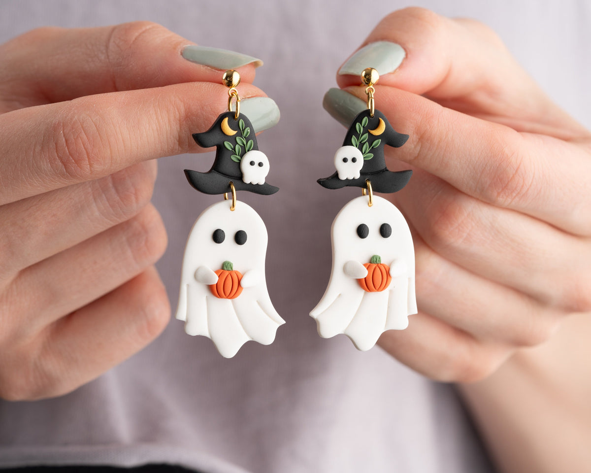 Ghost witch Earrings , Handmade Halloween earrings , Polymer clay spooky jewelry , whimsical Accessories