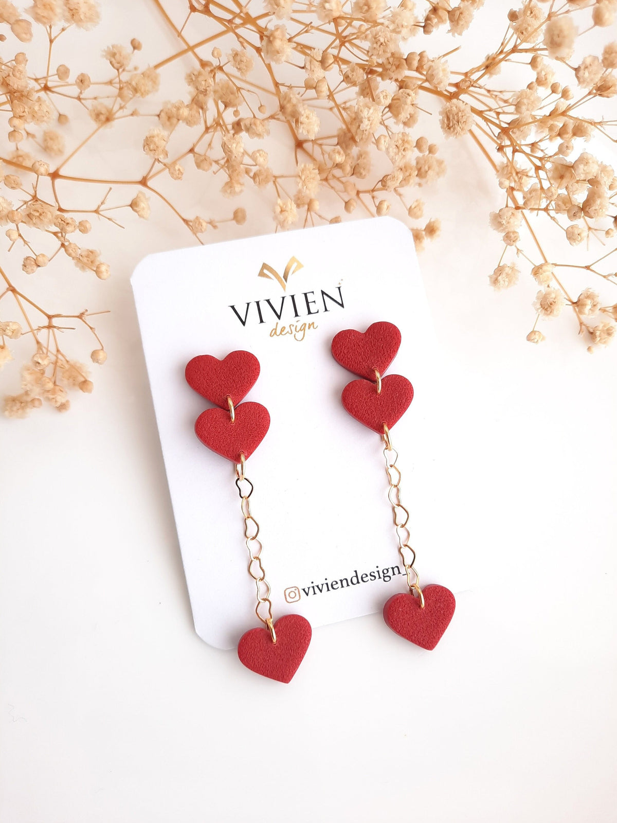 Red Heart Dangle Earrings: 24k Gold Plated Chain, Handmade Polymer Clay