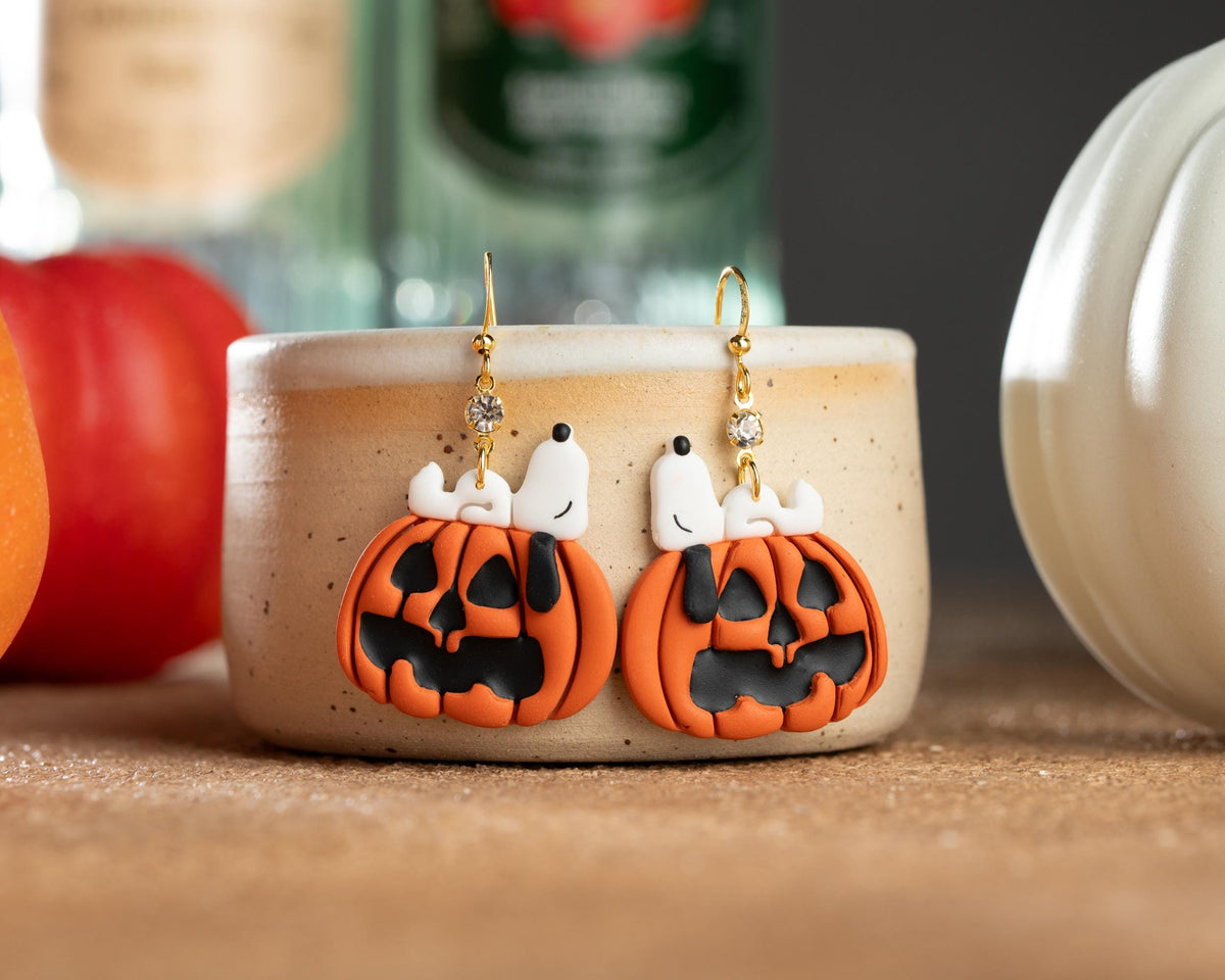 Snoopy Pumpkin Earrings , Peanuts Snoopy Halloween Jewelry , Spooky Polymer clay Accessories