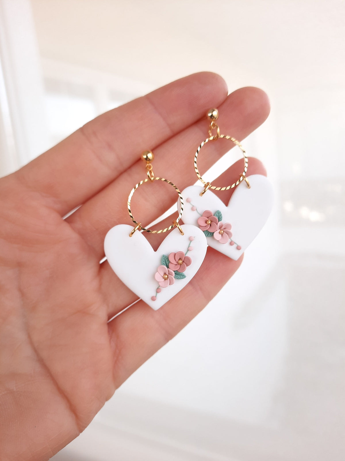 Floral Heart Dangle Earrings: Handmade Polymer Clay Jewelry