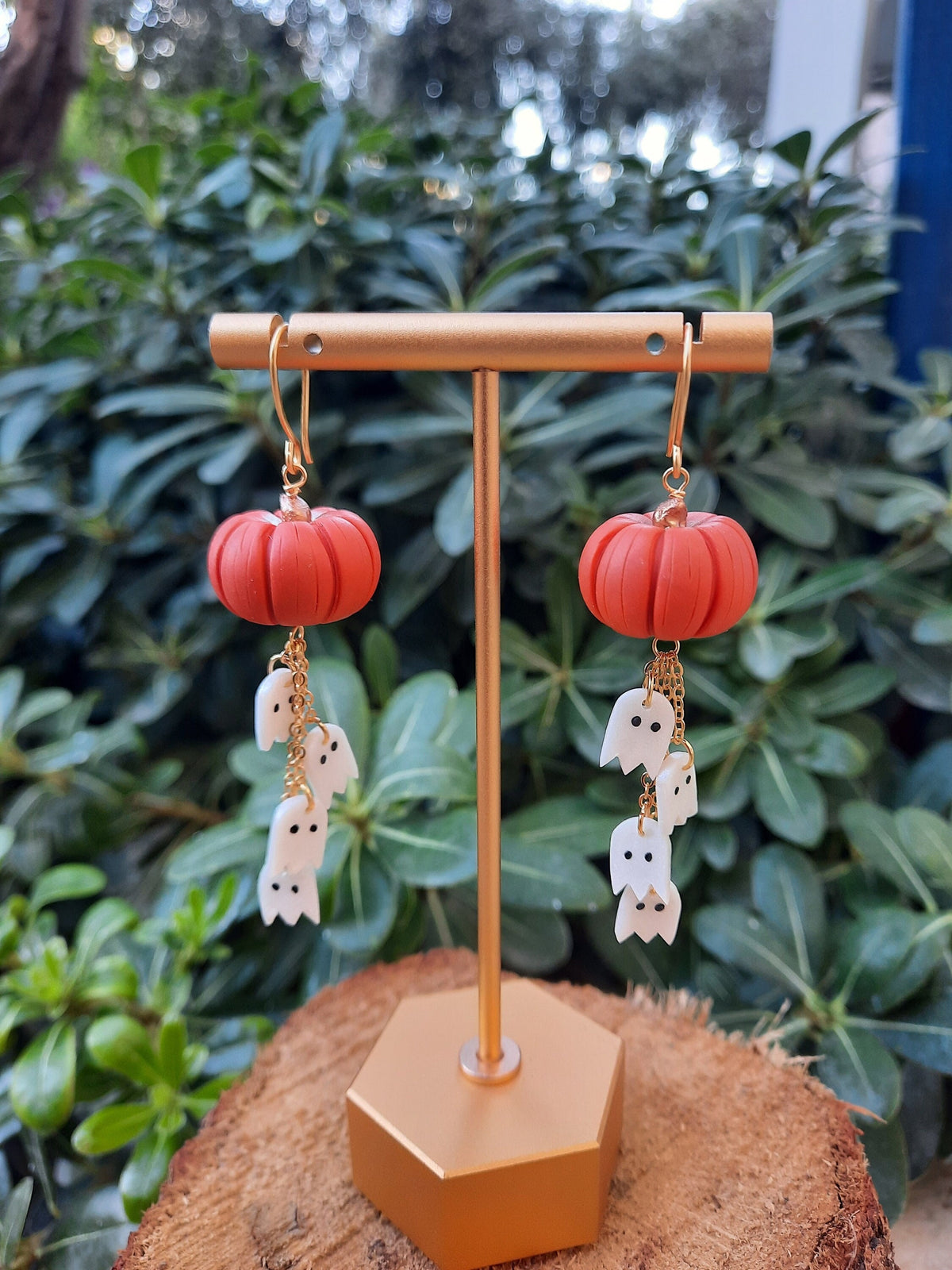 Pumpkin Dangle Earrings with Ghosts , Hanmade Polymer Clay Halloween jewelry ,Spooky Season Accessories