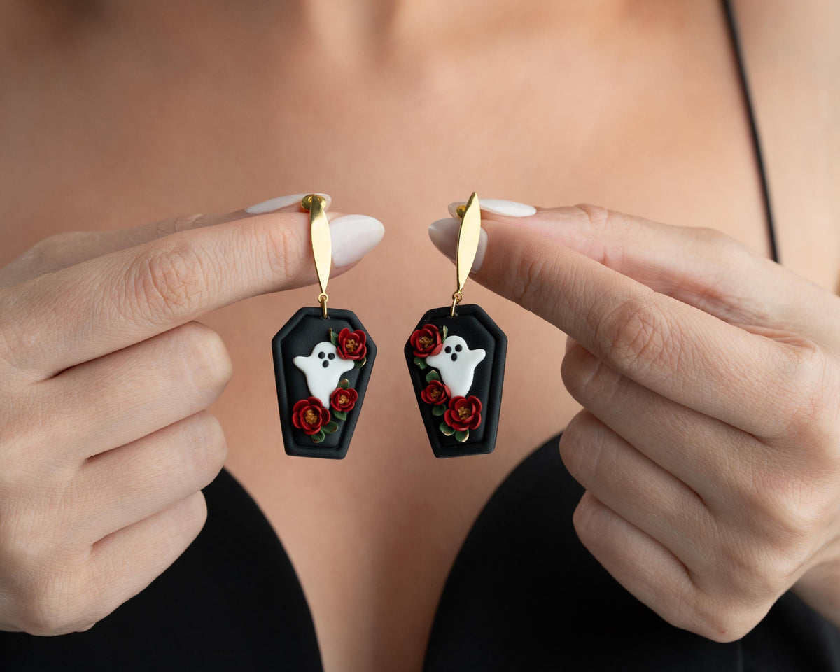 Floral Ghost Coffin Earrings , Handmade polymer clay Gothic Halloween spooky Jewelry