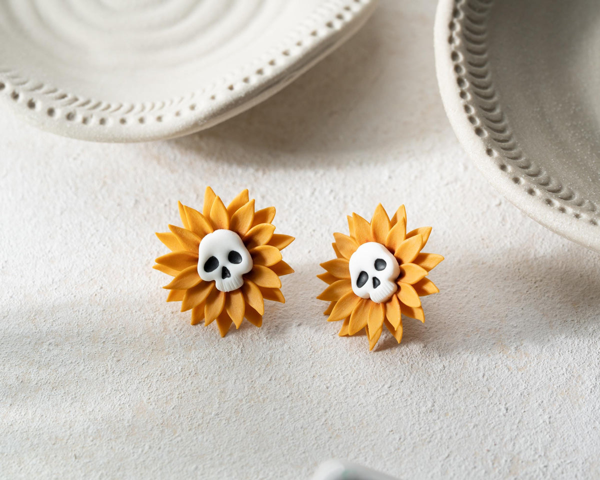 Sunflower Skull Earrings – Handmade Polymer Clay Halloween & Fall Jewelry