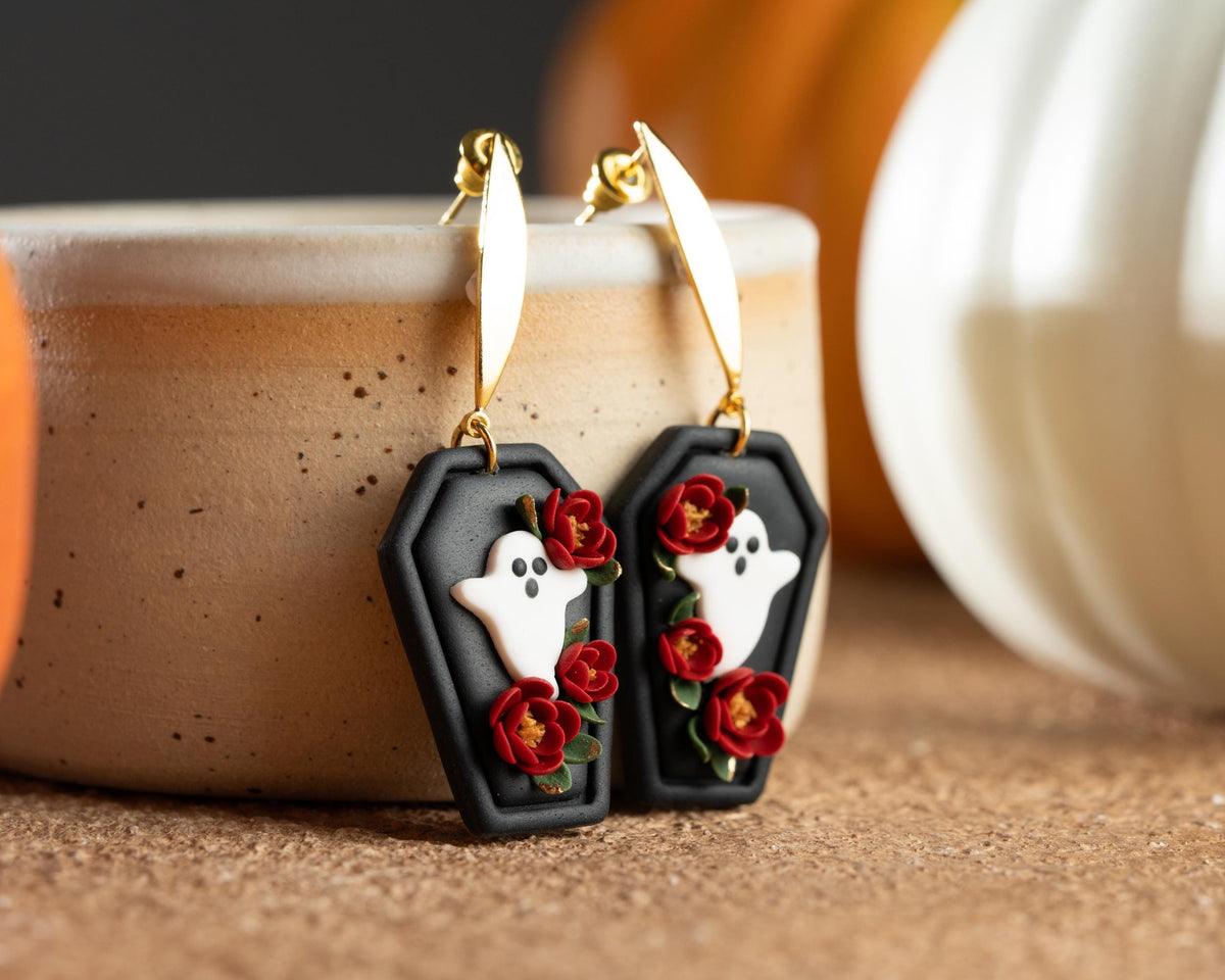 Floral Ghost Coffin Earrings , Handmade polymer clay Gothic Halloween spooky Jewelry