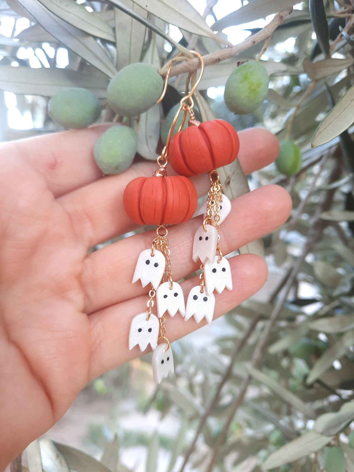 Pumpkin Dangle Earrings with Ghosts , Hanmade Polymer Clay Halloween jewelry ,Spooky Season Accessories