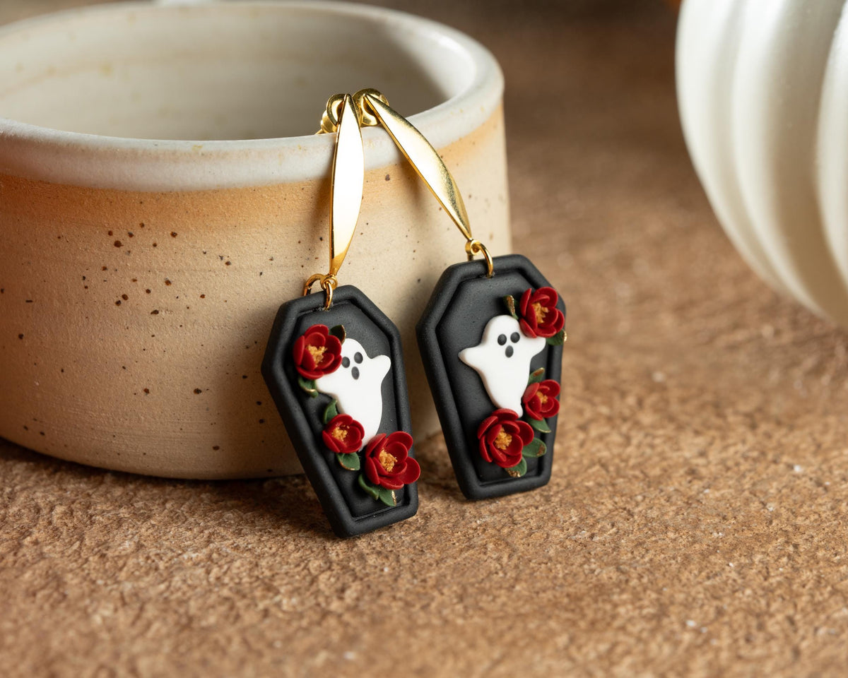 Floral Ghost Coffin Earrings , Handmade polymer clay Gothic Halloween spooky Jewelry