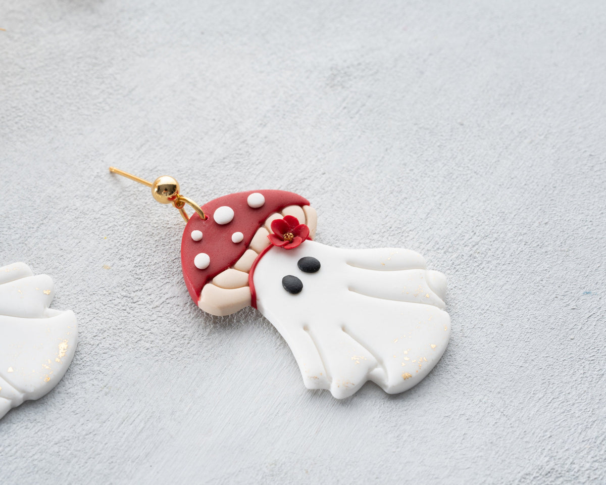 Mushroom Ghost Polymer Clay Earrings | Handmade Halloween Jewelry