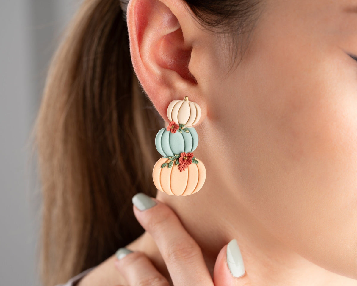 Stacked Pumpkin Stud Earrings with Flowers - Handmade polymer clay Autumn Jewelry