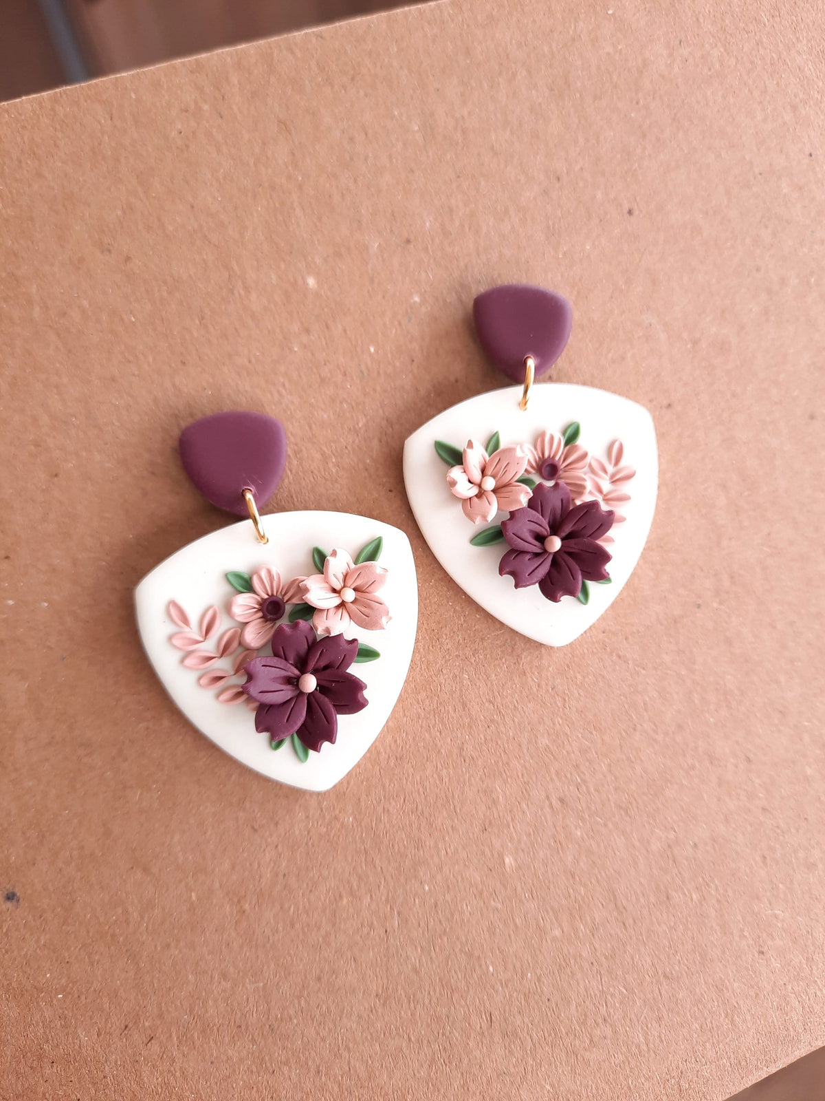 Dark Purple Flower Clay Earrings: Handmade Floral Jewelry