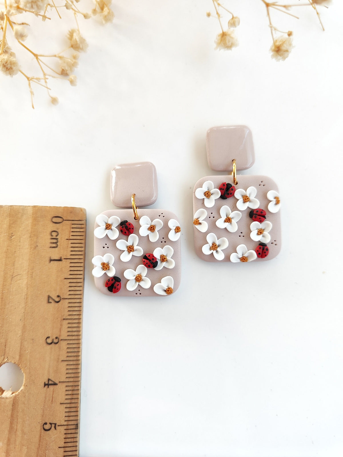Ladybug and floral polymer clay earrings ,unique handmade earrings like spring,unique jewelry gift