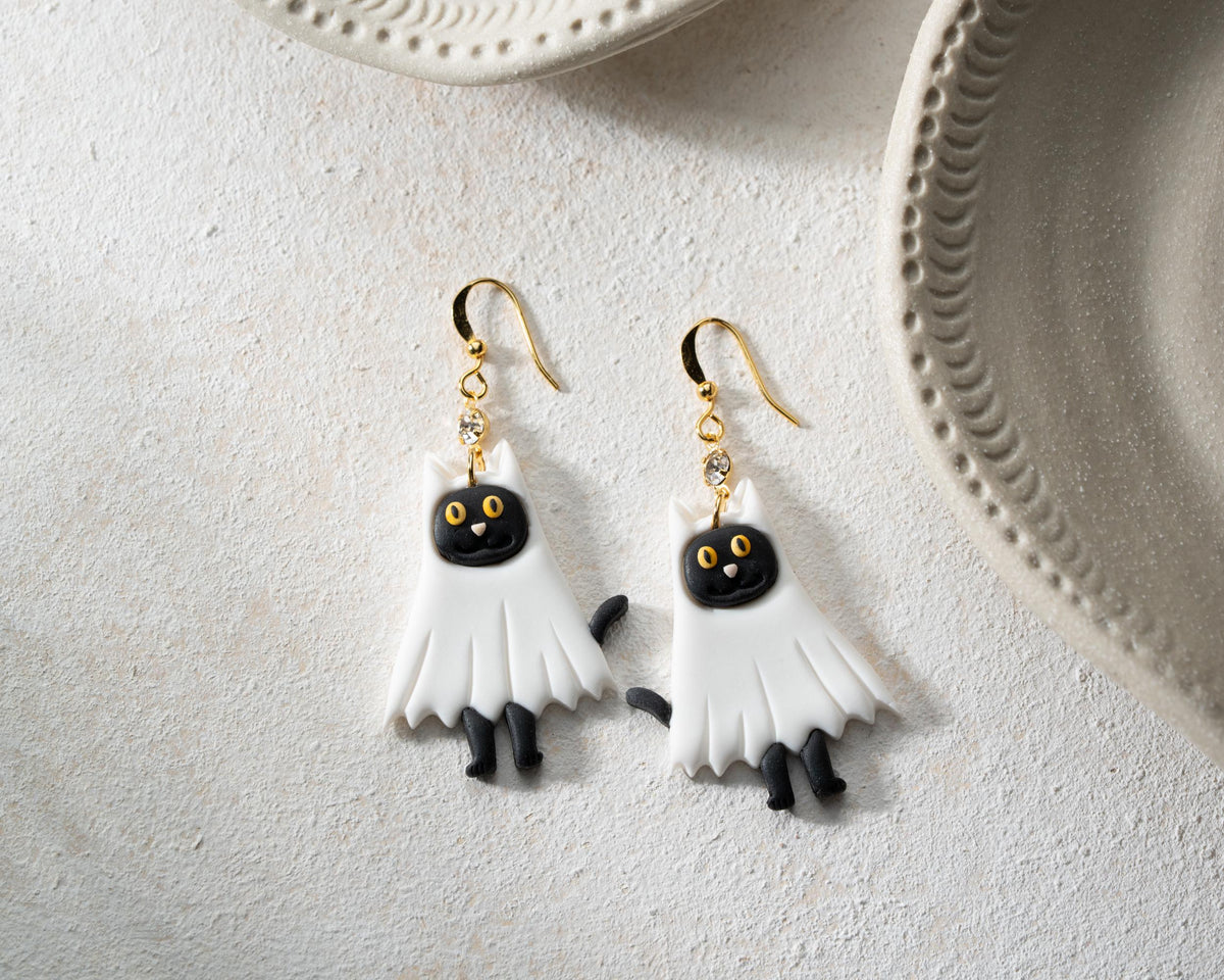 Ghost Cat Earrings , Handmade Polymer Clay Jewelry , Spooky Seasons Accessories