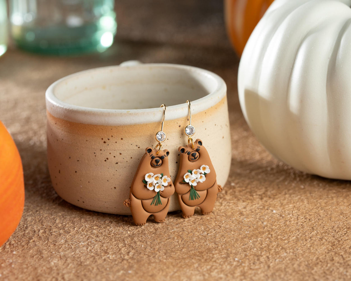 Bear Earrings with White Flowers - Handmade Polymer Clay Fall Jewelry