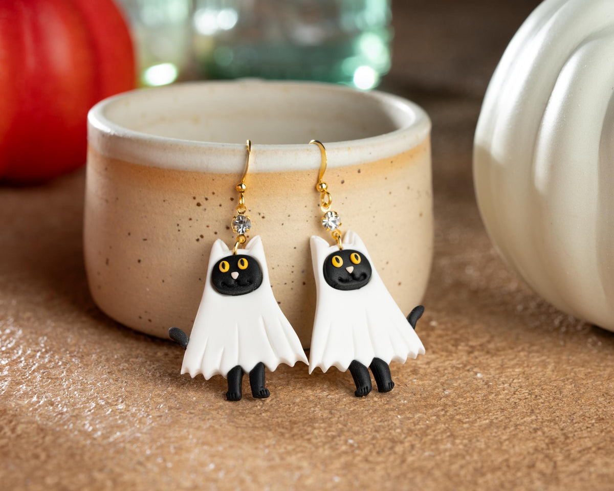 Ghost Cat Earrings , Handmade Polymer Clay Jewelry , Spooky Seasons Accessories