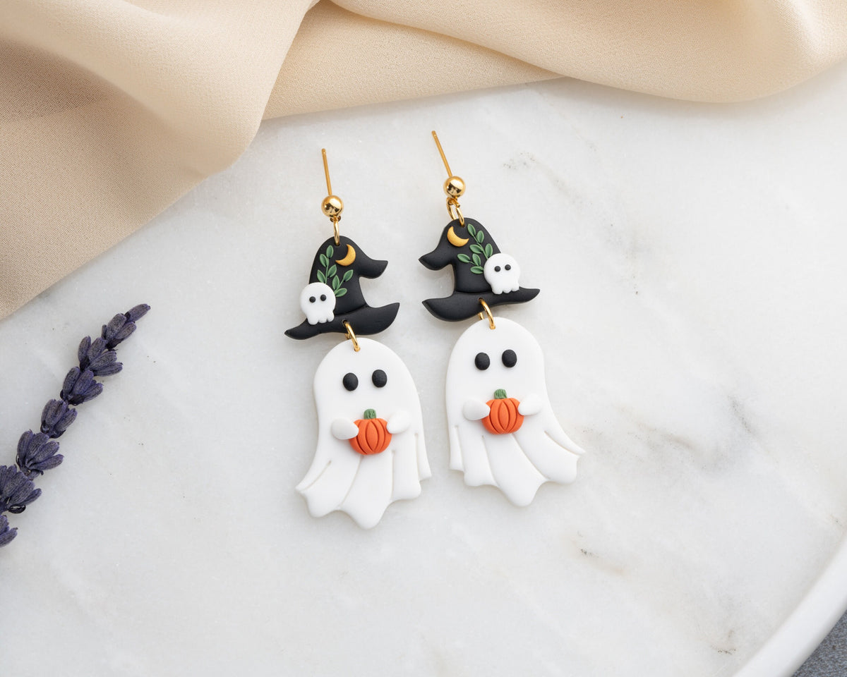 Ghost witch Earrings , Handmade Halloween earrings , Polymer clay spooky jewelry , whimsical Accessories
