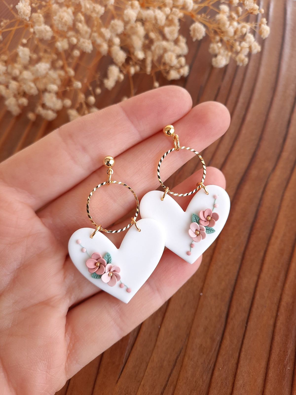 Floral Heart Dangle Earrings: Handmade Polymer Clay Jewelry