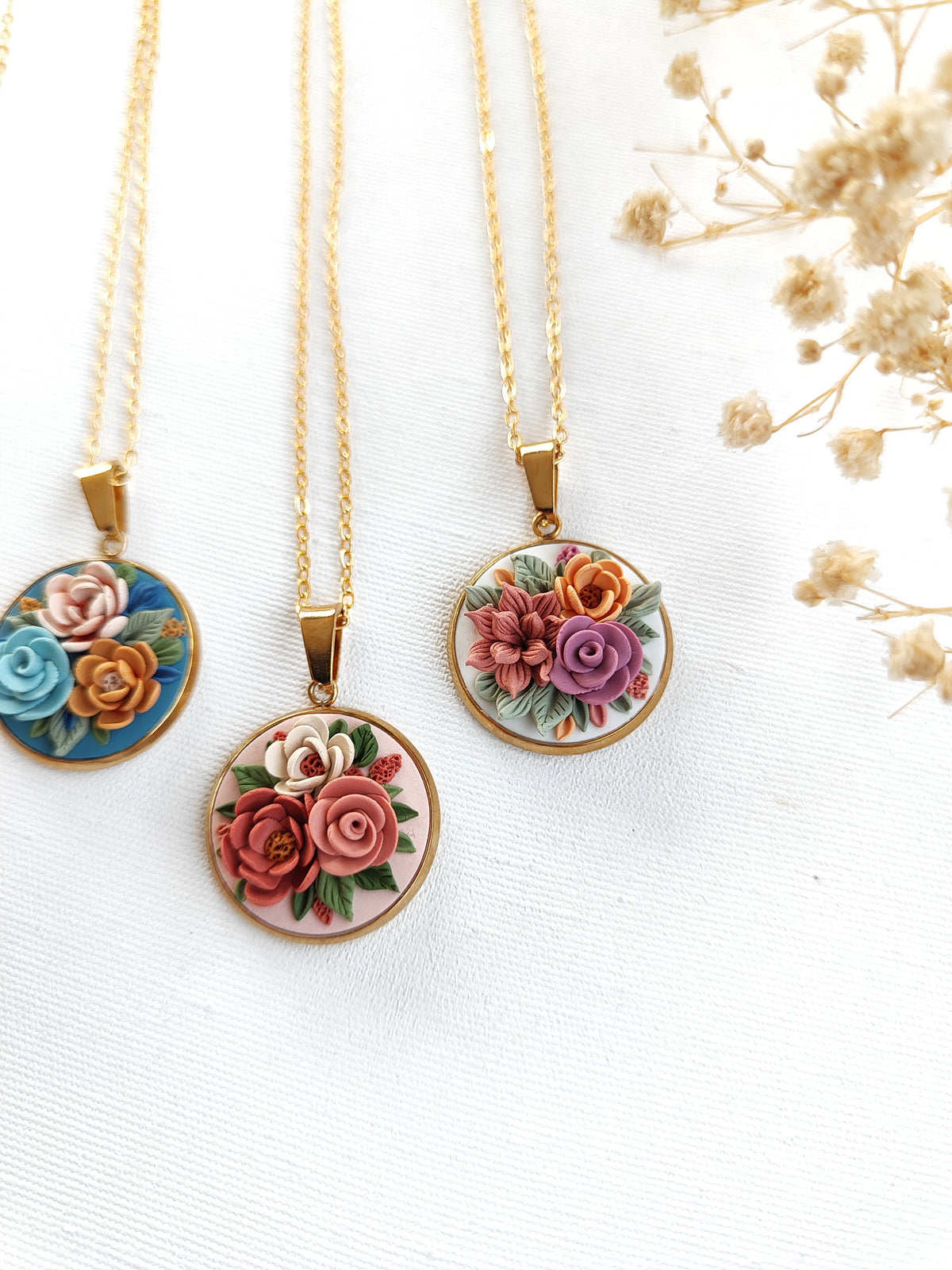 Floral bouquet necklace ,Mother's Day Gifts,Flower handmade jewelry,Gold plated necklace.Polymer clay Unique Necklace