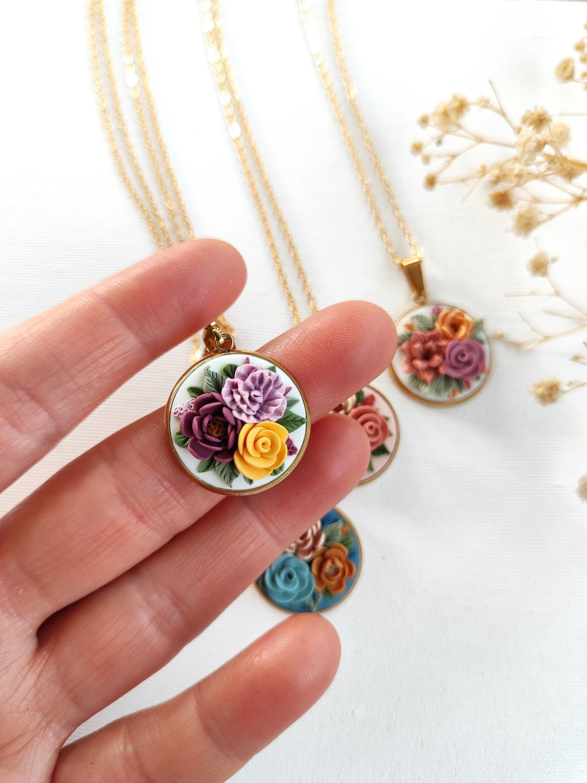 Floral bouquet necklace ,Mother's Day Gifts,Flower handmade jewelry,Gold plated necklace.Polymer clay Unique Necklace