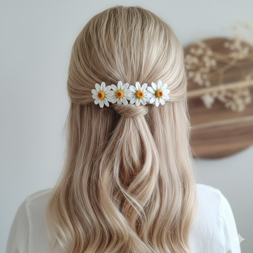 Daisy and Sakura Hair Clips,Botanical Hair Jewelry,Hair Accessories, Realistic White Flower Barrette