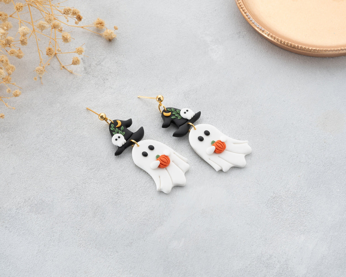 Ghost witch Earrings , Handmade Halloween earrings , Polymer clay spooky jewelry , whimsical Accessories