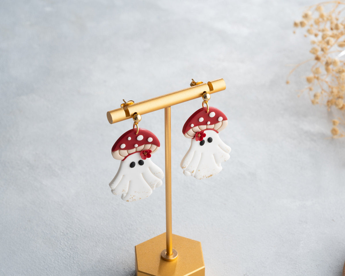 Mushroom Ghost Polymer Clay Earrings | Handmade Halloween Jewelry