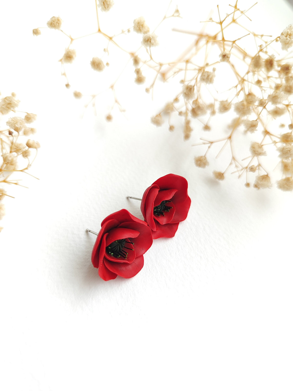 Poppy blossom stud earrings , poppy flower handmade polymer clay earrings,gift jewelry