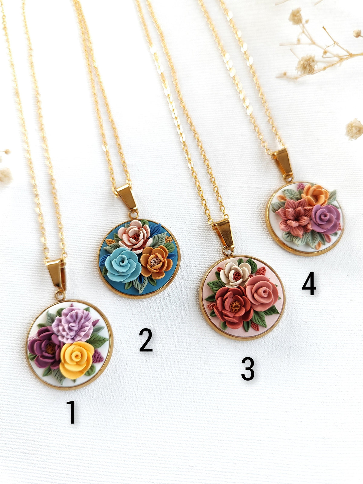 Floral bouquet necklace ,Mother's Day Gifts,Flower handmade jewelry,Gold plated necklace.Polymer clay Unique Necklace