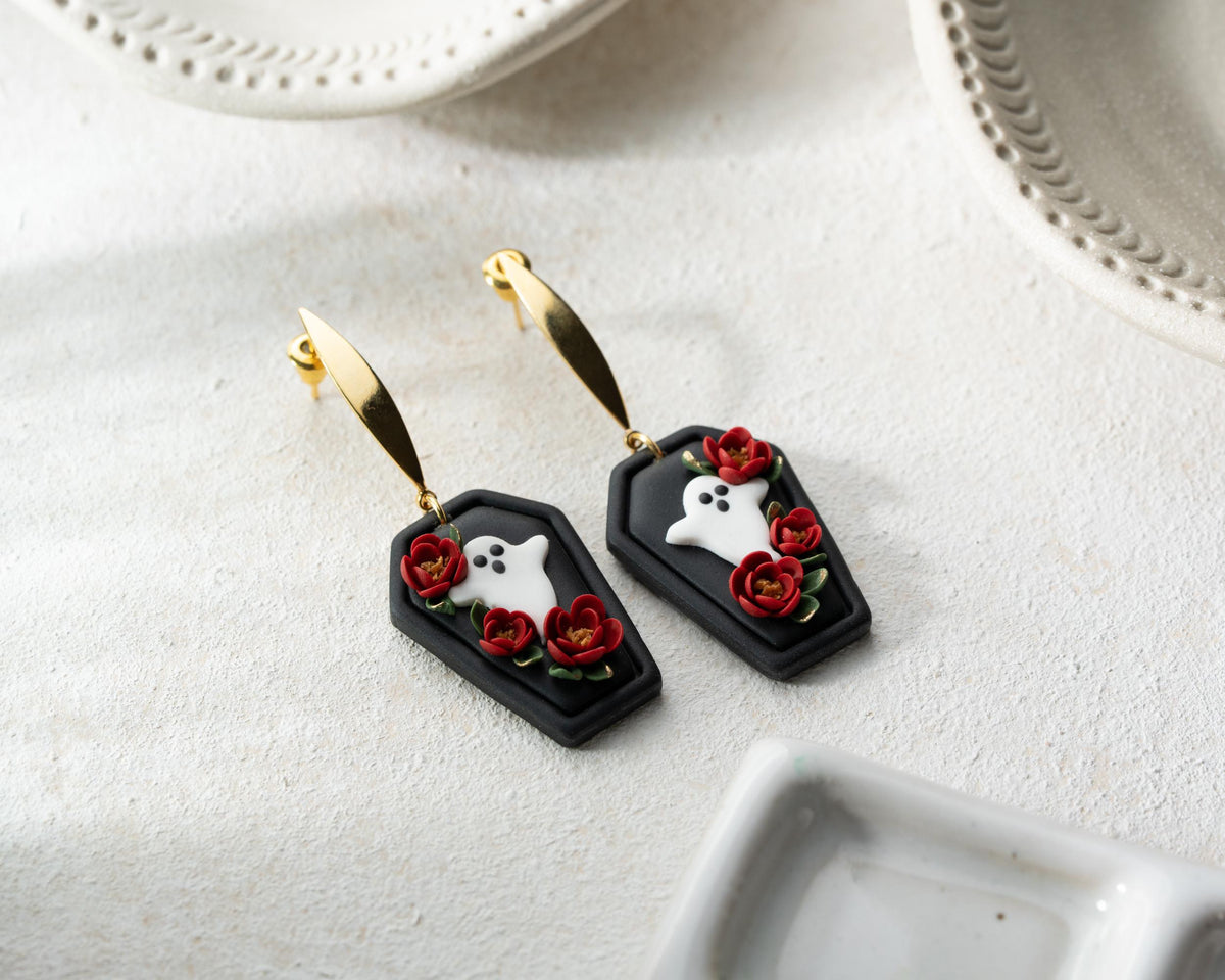 Floral Ghost Coffin Earrings , Handmade polymer clay Gothic Halloween spooky Jewelry