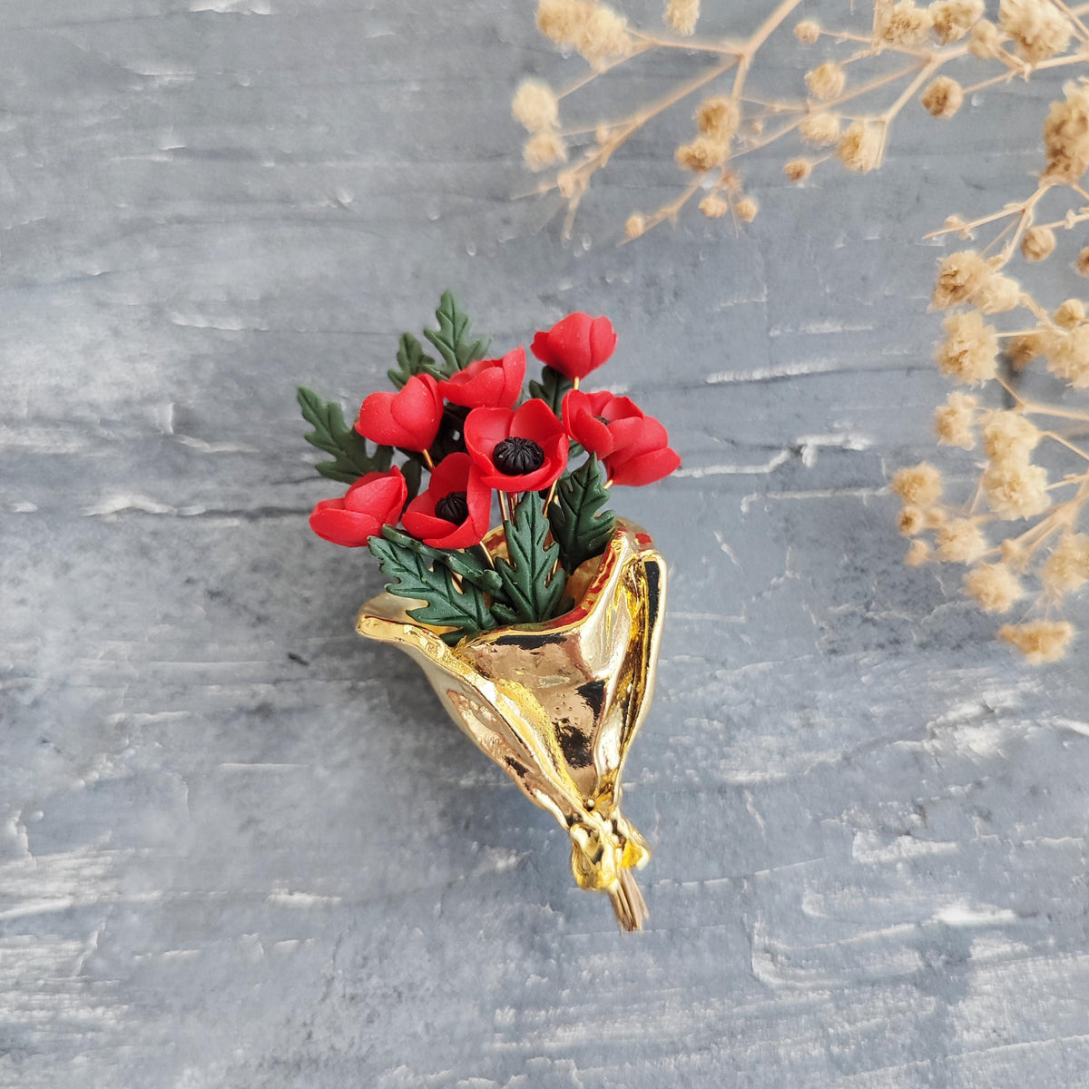 Poppy Bouquet Brooch , Handmade Polymer Clay Flower Pin , Red Poppies in Gold Bouquet Wrap
