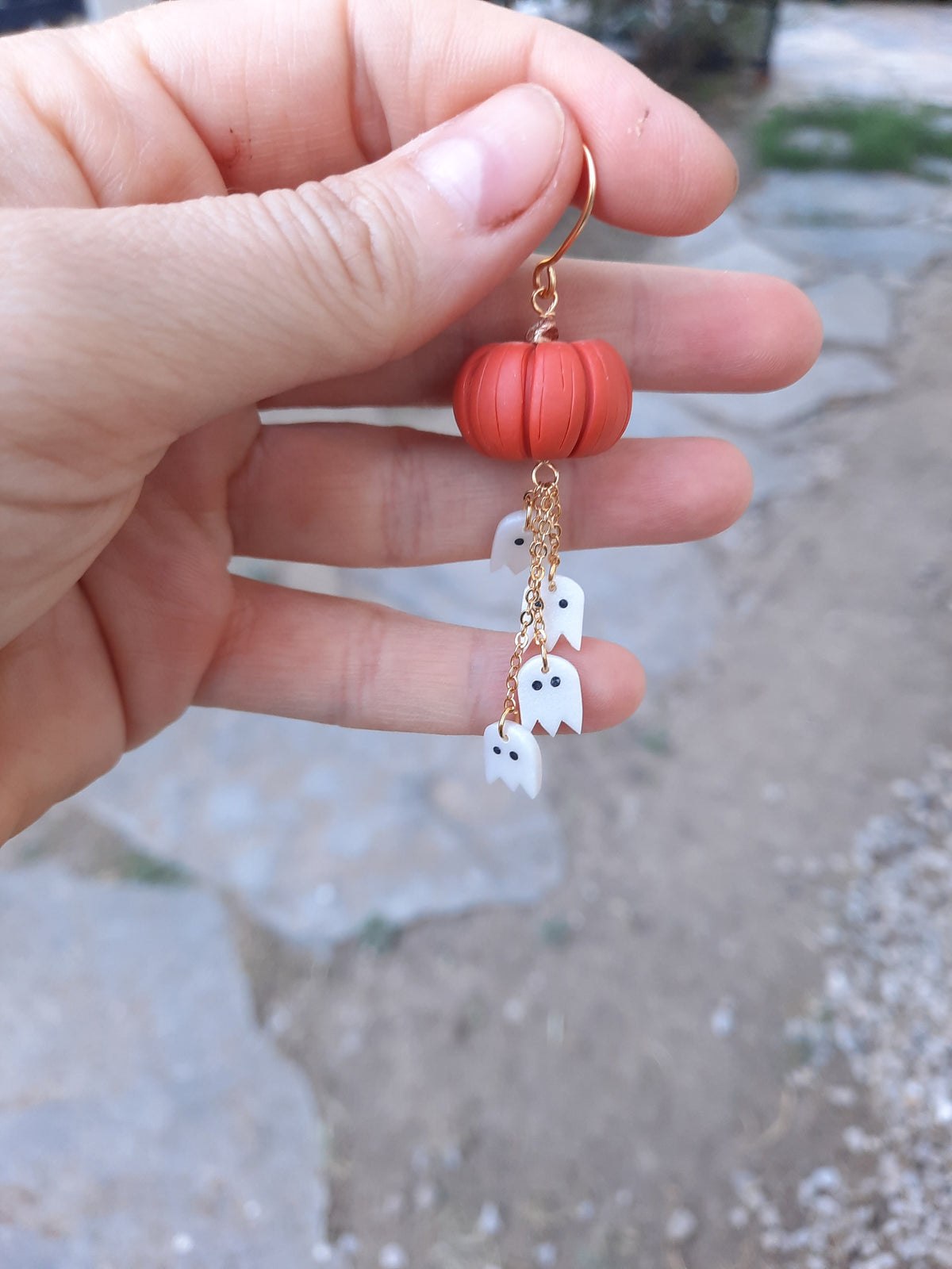 Pumpkin Dangle Earrings with Ghosts , Hanmade Polymer Clay Halloween jewelry ,Spooky Season Accessories