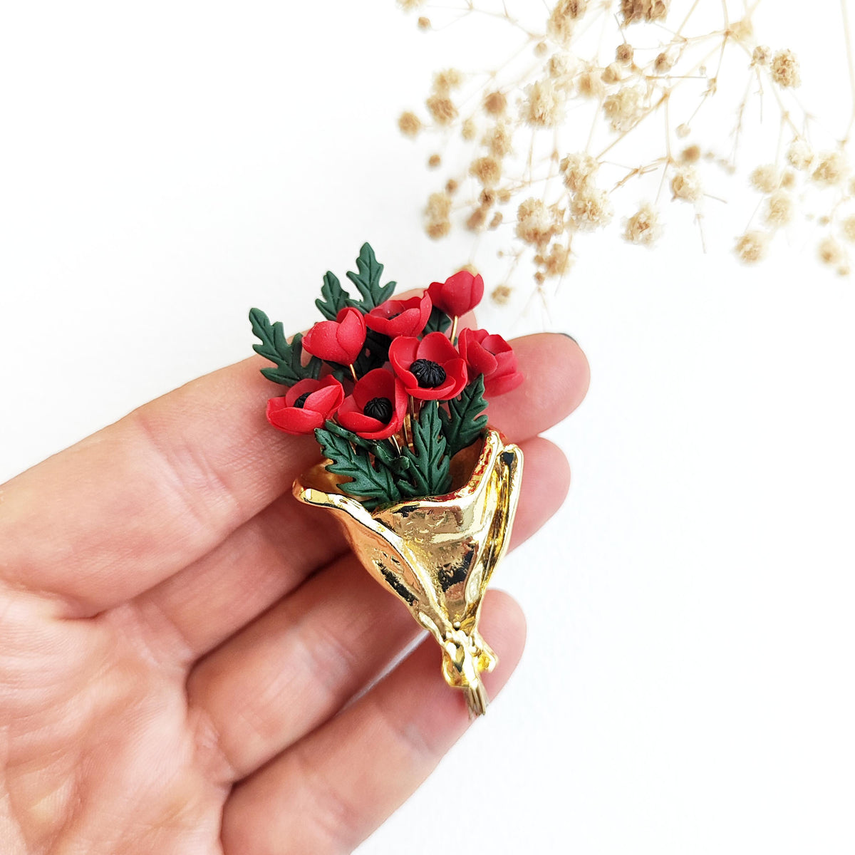 Poppy Bouquet Brooch , Handmade Polymer Clay Flower Pin , Red Poppies in Gold Bouquet Wrap