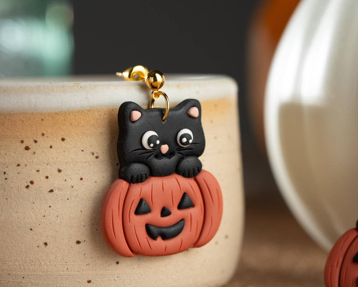 Black Cat in Pumpkin Earrings , Handmade Polymer Clay Halloween Jewelry , Cat lover gift