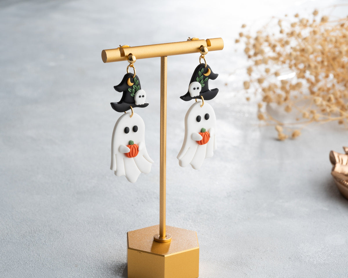 Ghost witch Earrings , Handmade Halloween earrings , Polymer clay spooky jewelry , whimsical Accessories